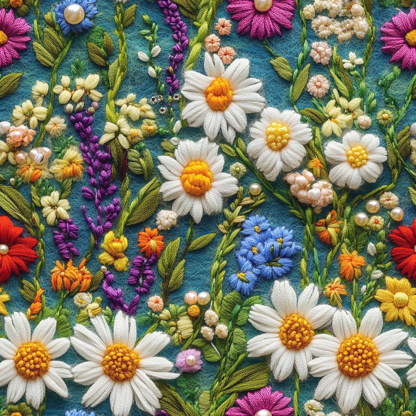 Embroidered Daisy Garden on Bamboo Stretch French Terry Fabric