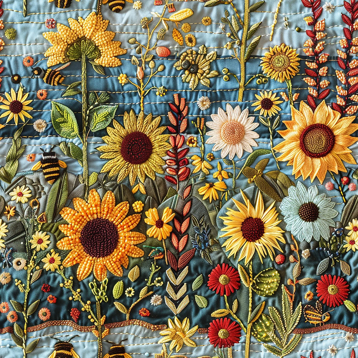 Nature's Fabrics embroidered sunflower quilt with bees, daisies, and wildflowers on blue fabric