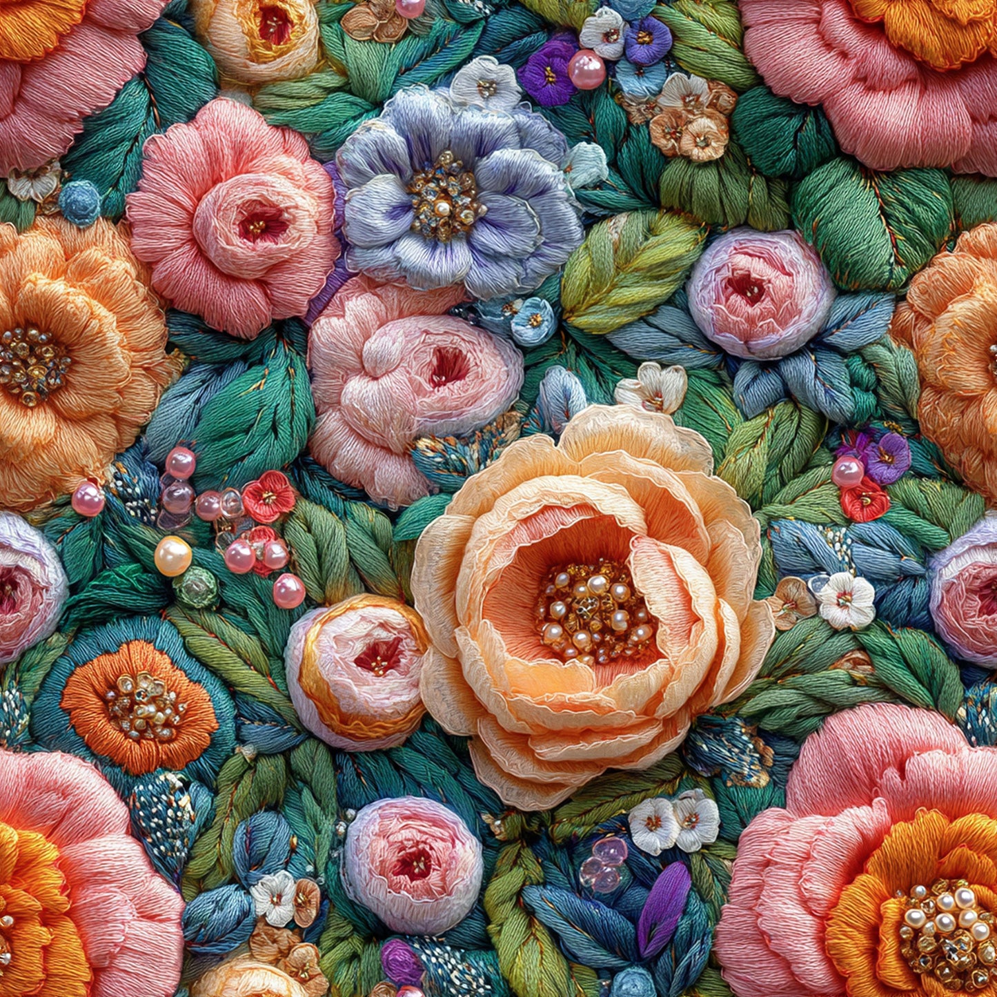 Embroidered Peach Flowers on Bamboo Stretch French Terry Fabric