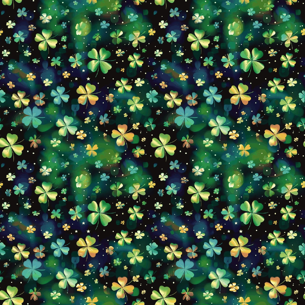 Nature's Fabrics four-leaf clover print fabric with green, gold, and teal shamrocks on dark background