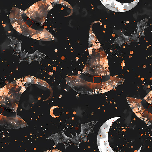 Watercolor Witch Hats, Bats and Moons on Bamboo/Spandex Jersey Fabric