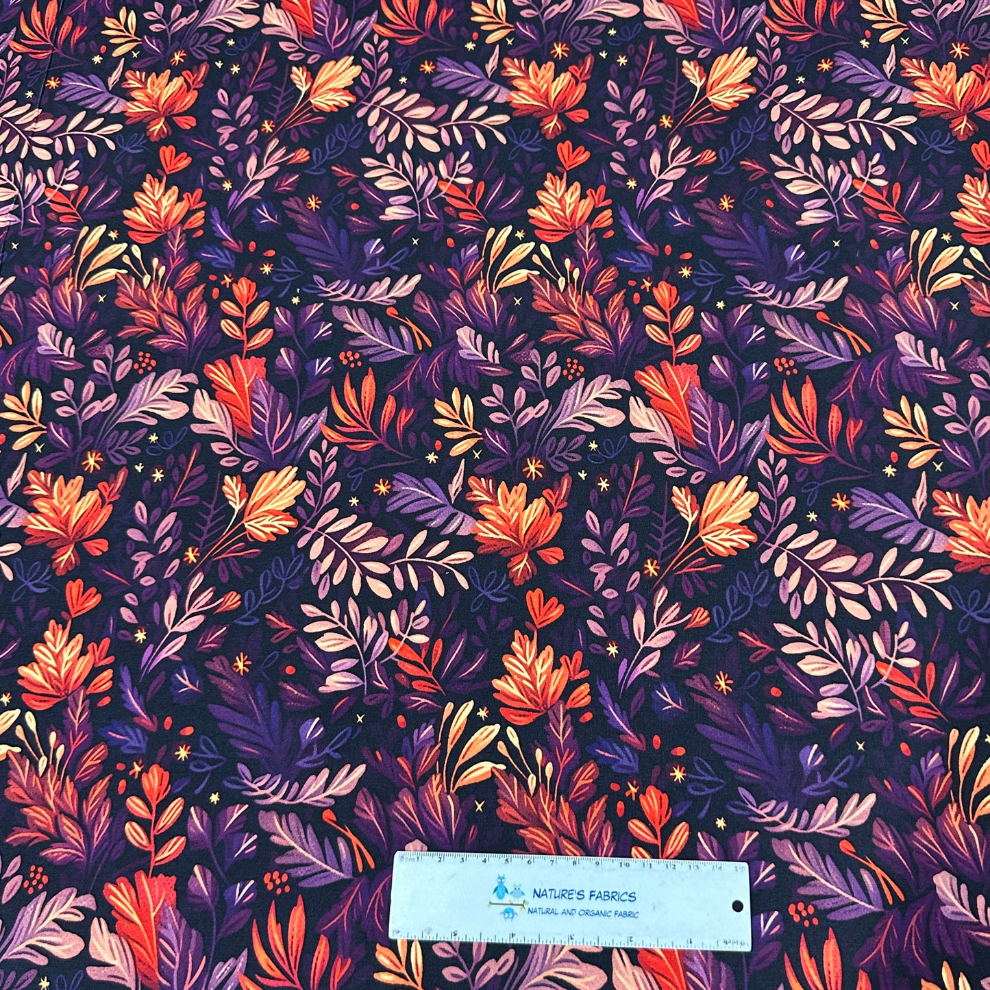 Orange and Purple Fall Vines on Bamboo/Spandex Jersey Fabric - Nature's Fabrics