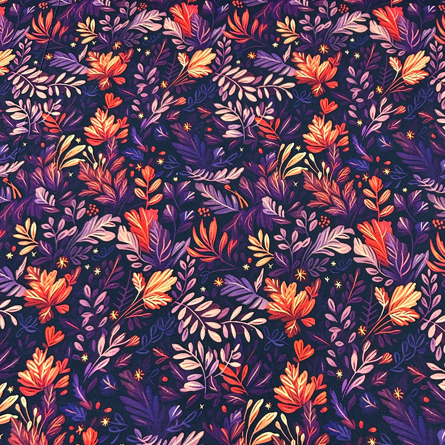 Orange and Purple Fall Vines on Bamboo/Spandex Jersey Fabric - Nature's Fabrics