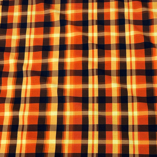 Orange, yellow, and navy blue plaid natural fabric from Nature's Fabrics