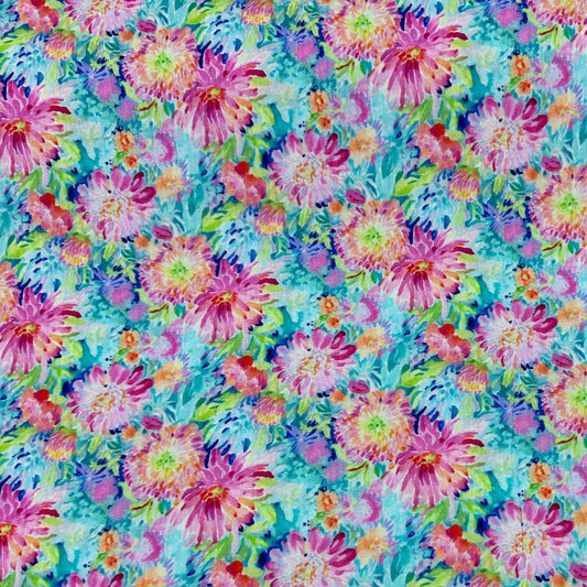 Nature's Fabrics watercolor floral print fabric with pink, yellow and blue flowers