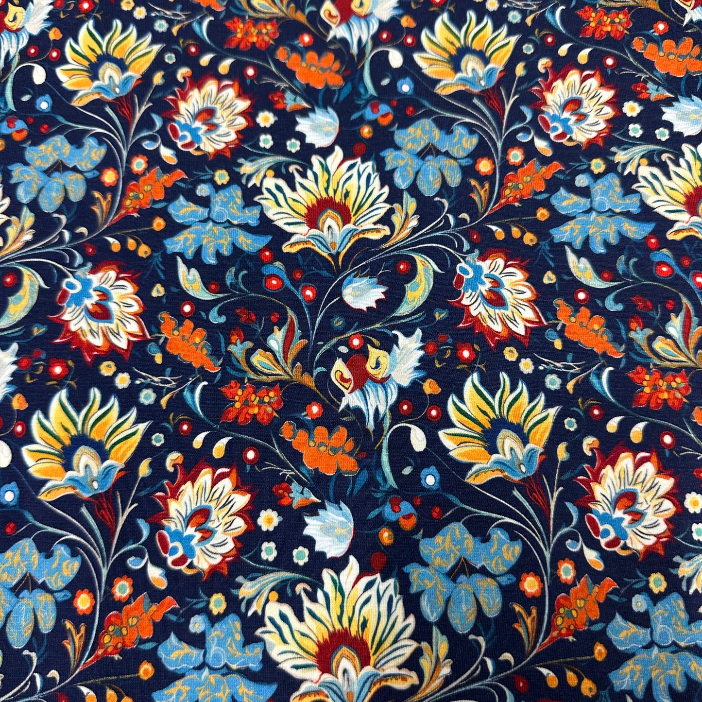 Persian Flowers on Bamboo/Spandex Jersey Fabric - Nature's Fabrics