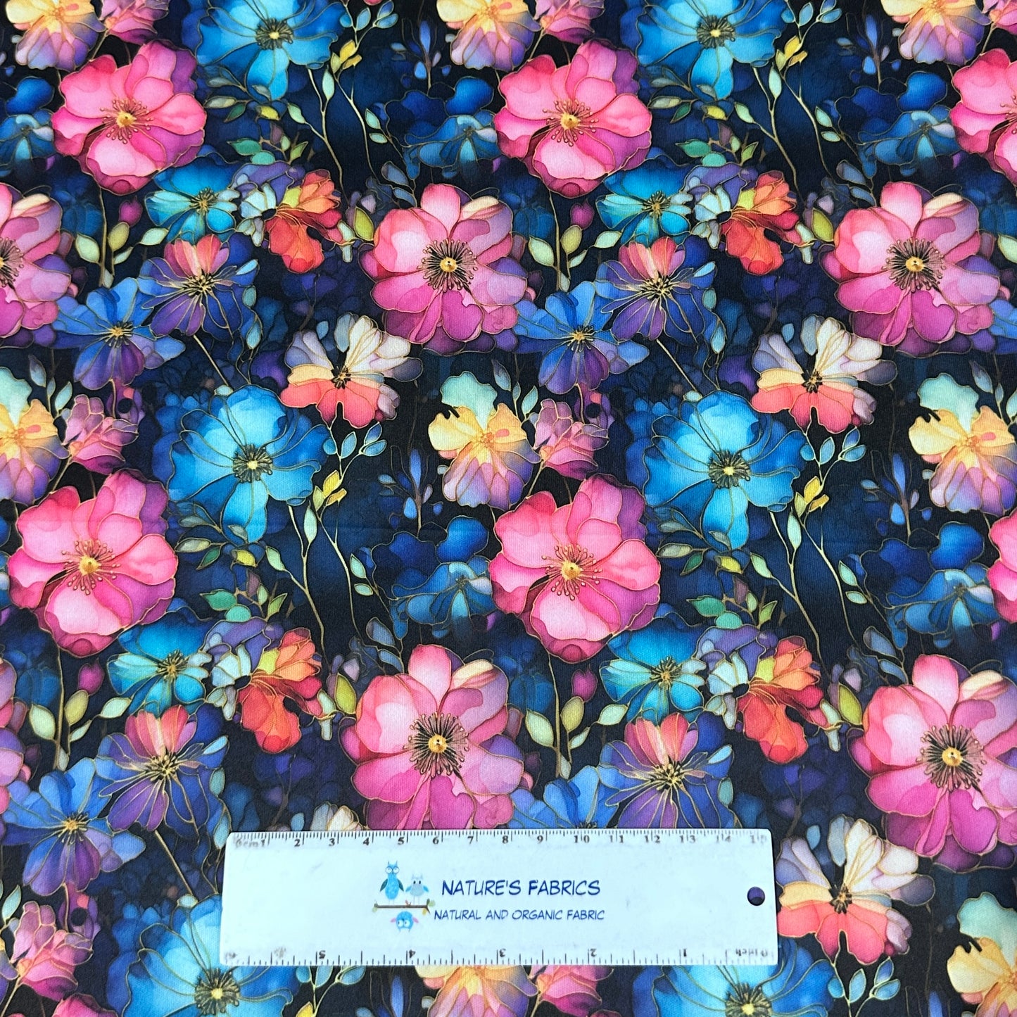 Pink and Blue Wild Roses 1 mil PUL Fabric - Made in the USA - Nature's Fabrics