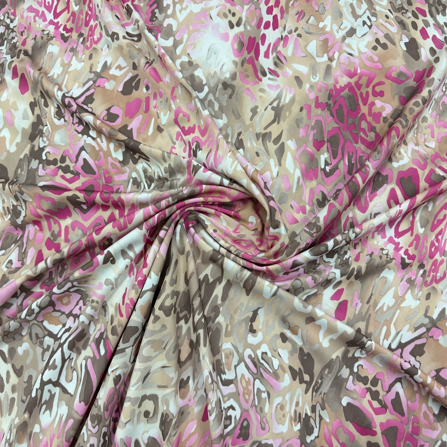 Pink and Tan Leopard on Polyester Jersey Fabric - Nature's Fabrics
