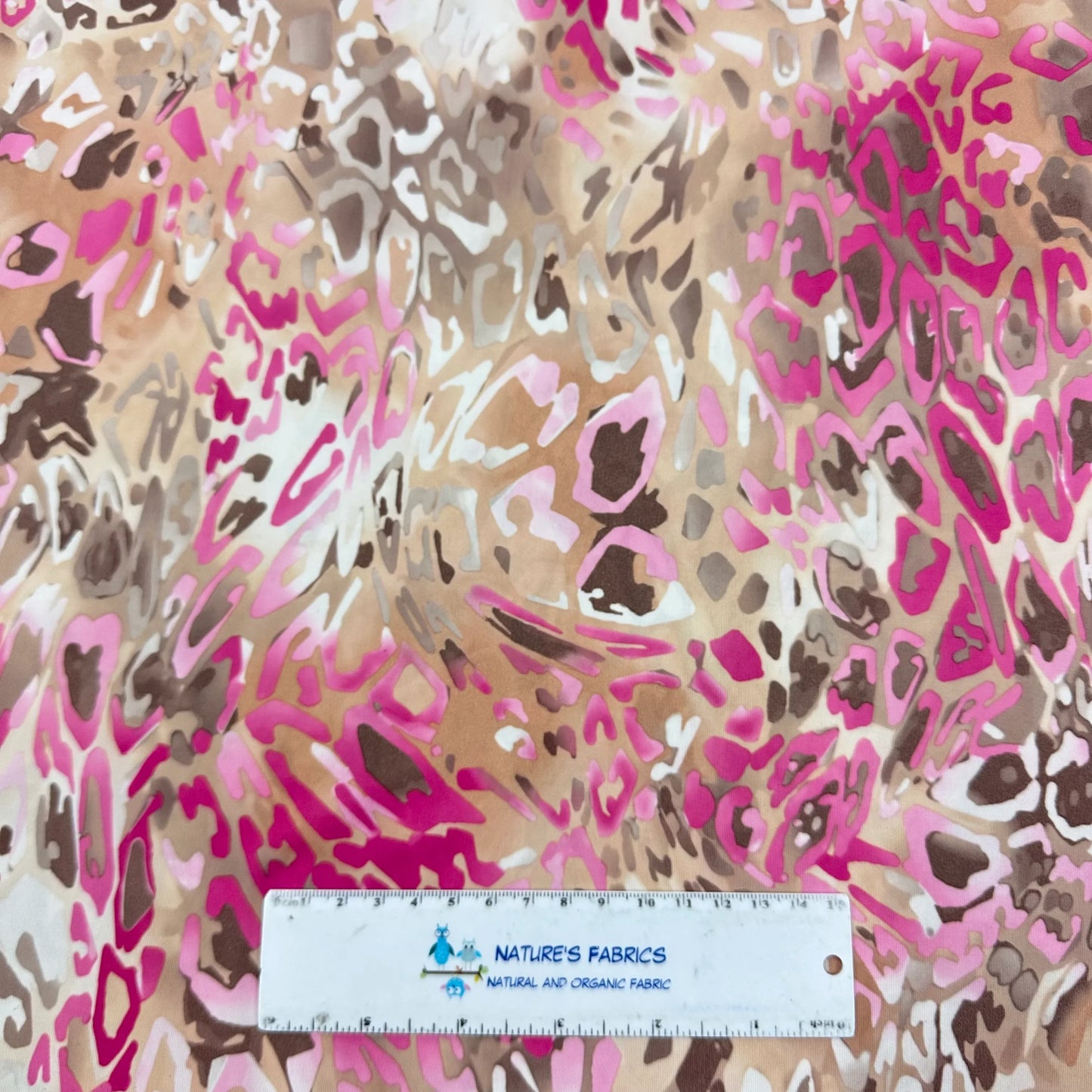 Pink and Tan Leopard on Polyester Jersey Fabric - Nature's Fabrics