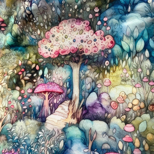 Nature's Fabrics whimsical watercolor print featuring pink fantasy trees and mushrooms.