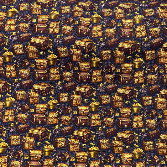 Nature's Fabrics fabric with a repeating pattern of treasure chests and gold coins.