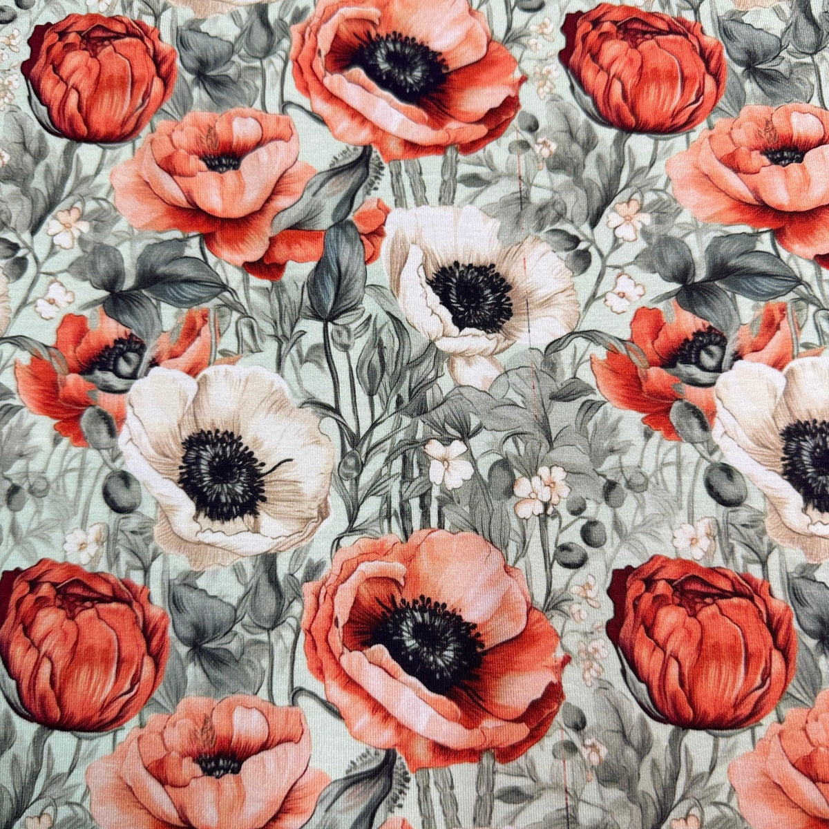 Nature's Fabrics red and white poppy floral print fabric