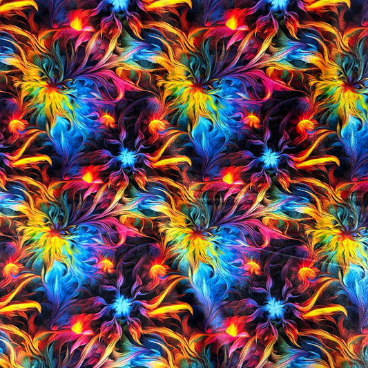 Nature's Fabrics multicolored psychedelic floral pattern fabric with vibrant neon swirls