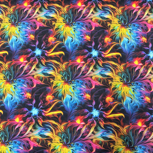 Nature's Fabrics psychedelic rainbow swirl pattern on premium textile.