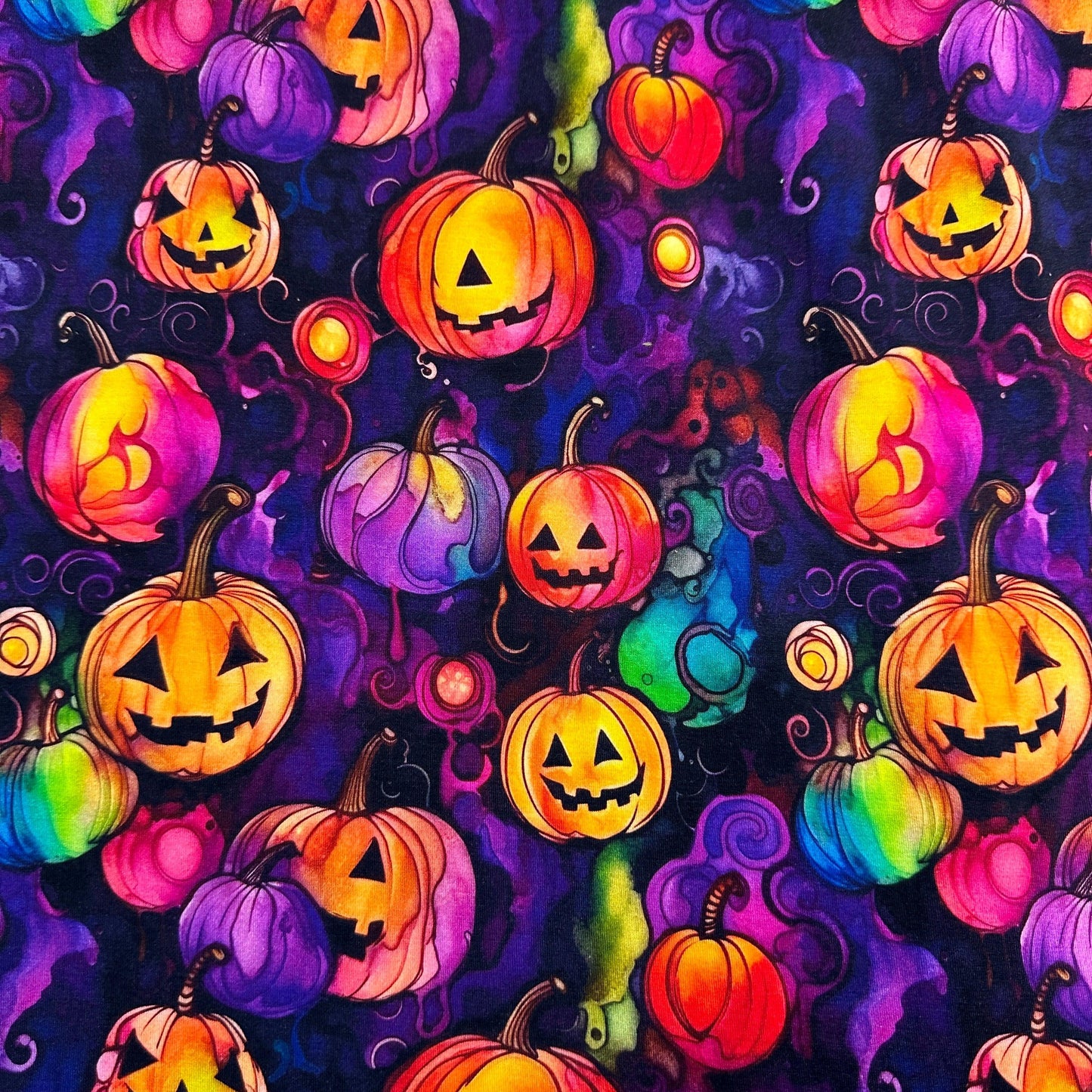 Pumpkins on Purple Bamboo/Spandex Jersey Fabric - Nature's Fabrics
