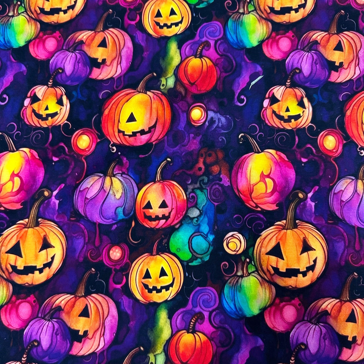 Pumpkins on Purple Organic Cotton/Spandex Jersey Fabric - Nature's Fabrics