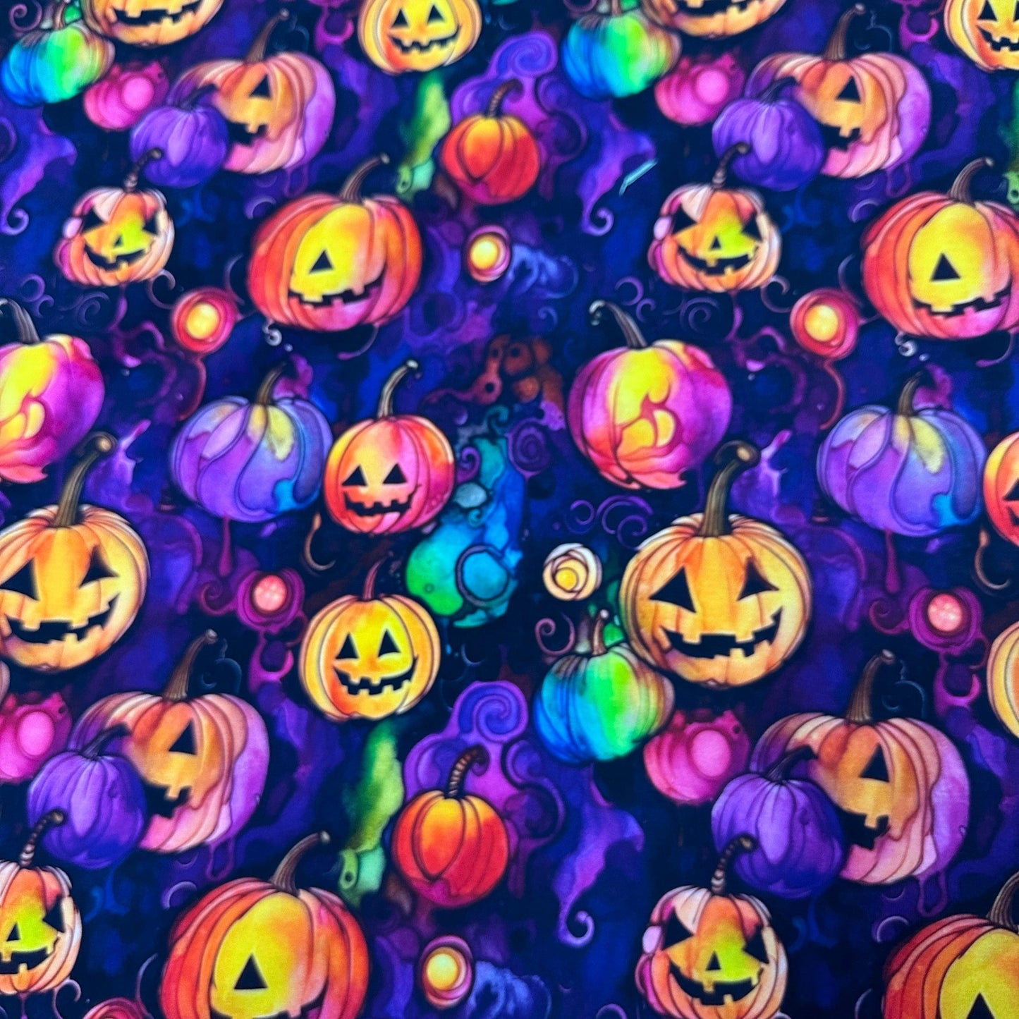 Pumpkins on Purple Organic Cotton/Spandex Jersey Fabric - Nature's Fabrics