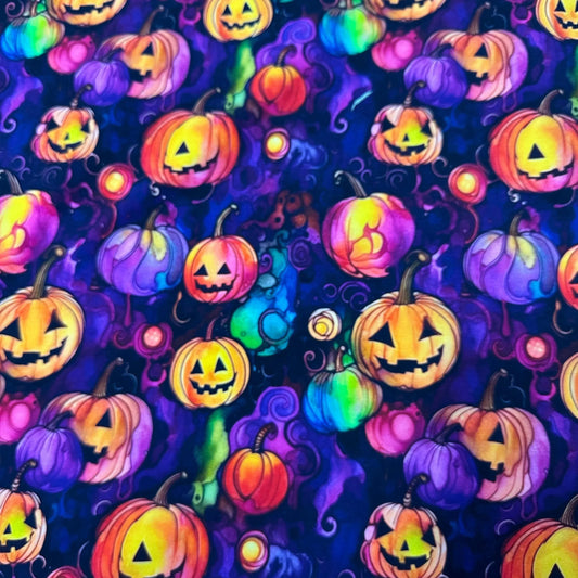Pumpkins on Purple Organic Cotton/Spandex Jersey Fabric - Nature's Fabrics