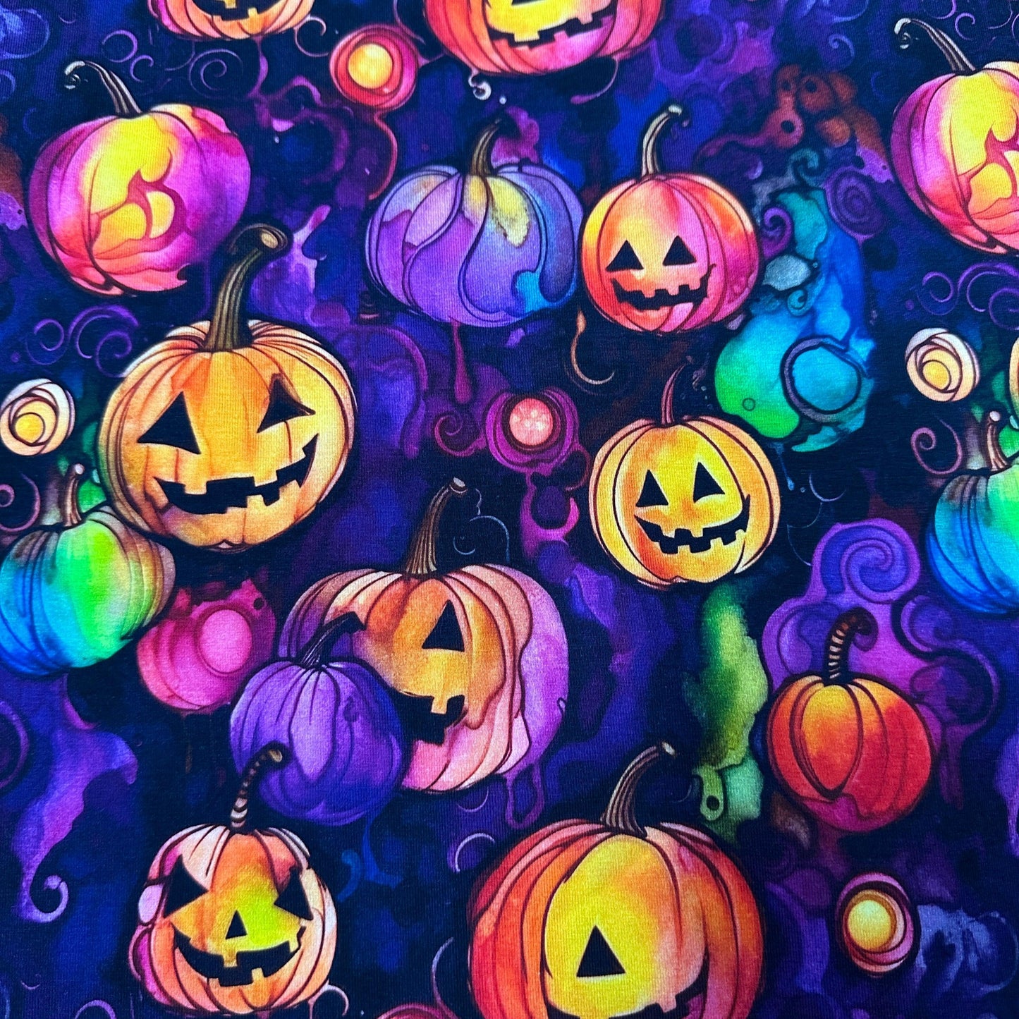 Pumpkins on Purple Organic Cotton/Spandex Jersey Fabric - Nature's Fabrics