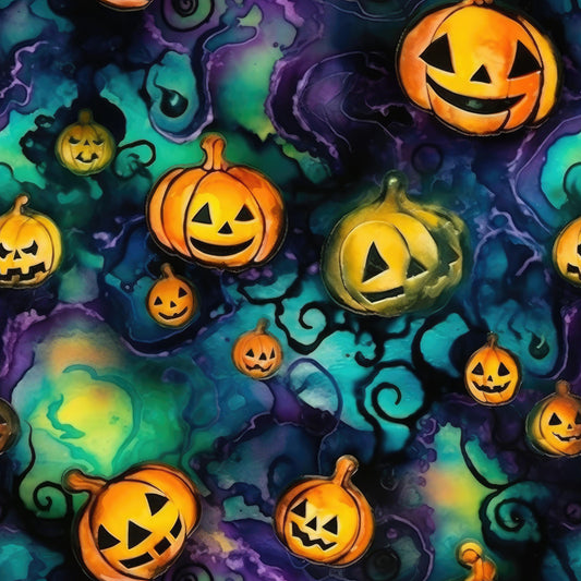 Pumpkins on Turquoise Bamboo/Spandex Jersey Fabric - Nature's Fabrics