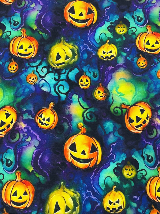 Pumpkins on Turquoise Bamboo/Spandex Jersey Fabric - Nature's Fabrics