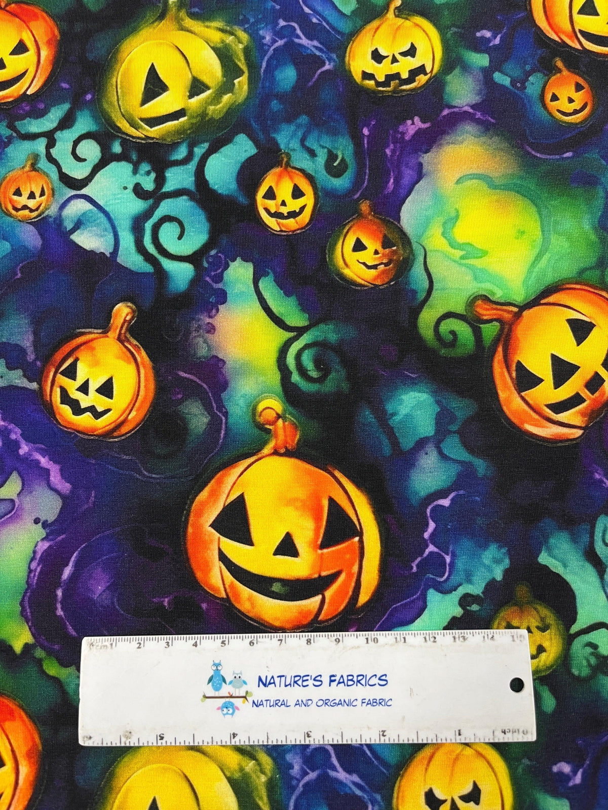 Pumpkins on Turquoise Bamboo/Spandex Jersey Fabric - Nature's Fabrics
