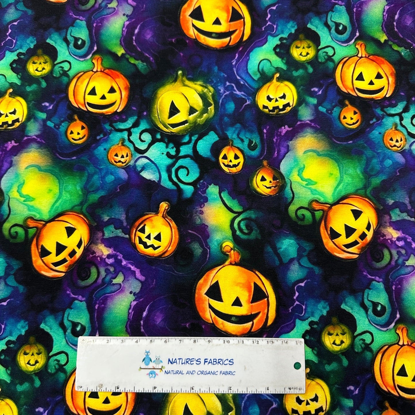Pumpkins on Turquoise Organic Cotton/Spandex Jersey Fabric - Nature's Fabrics