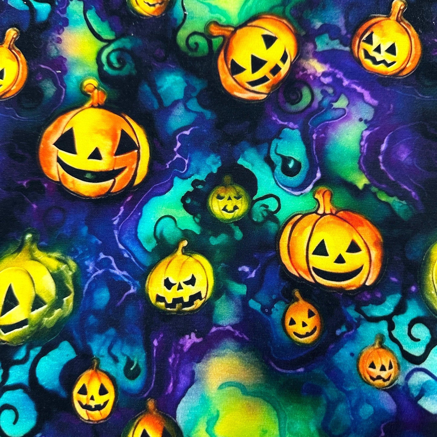 Pumpkins on Turquoise Organic Cotton/Spandex Jersey Fabric - Nature's Fabrics