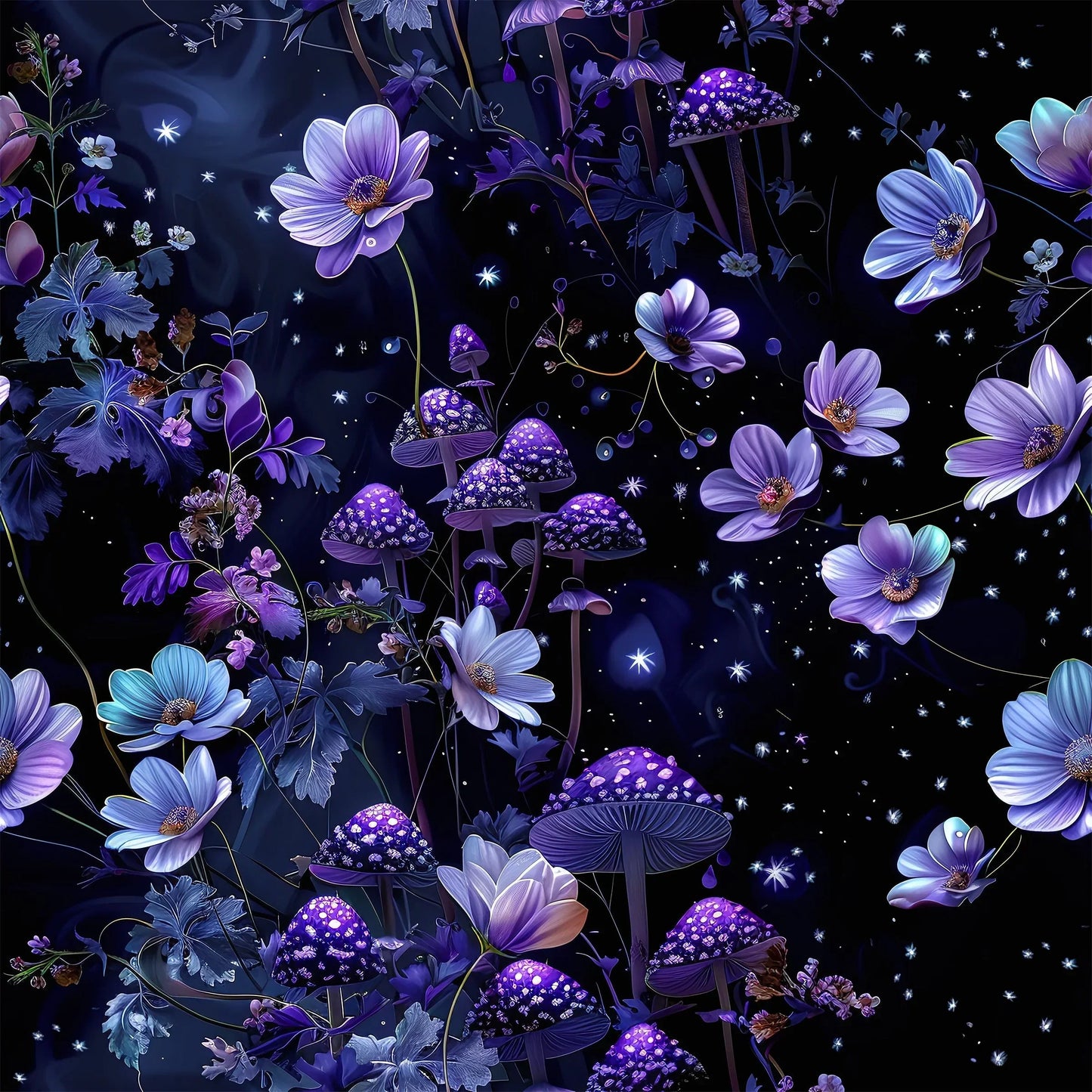 Purple Starry Mushroom Garden on Bamboo Stretch French Terry Fabric - Nature's Fabrics