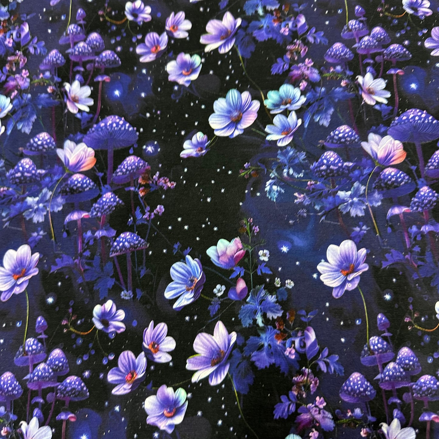Purple Starry Mushroom Garden on Bamboo/Spandex Jersey Fabric - Nature's Fabrics