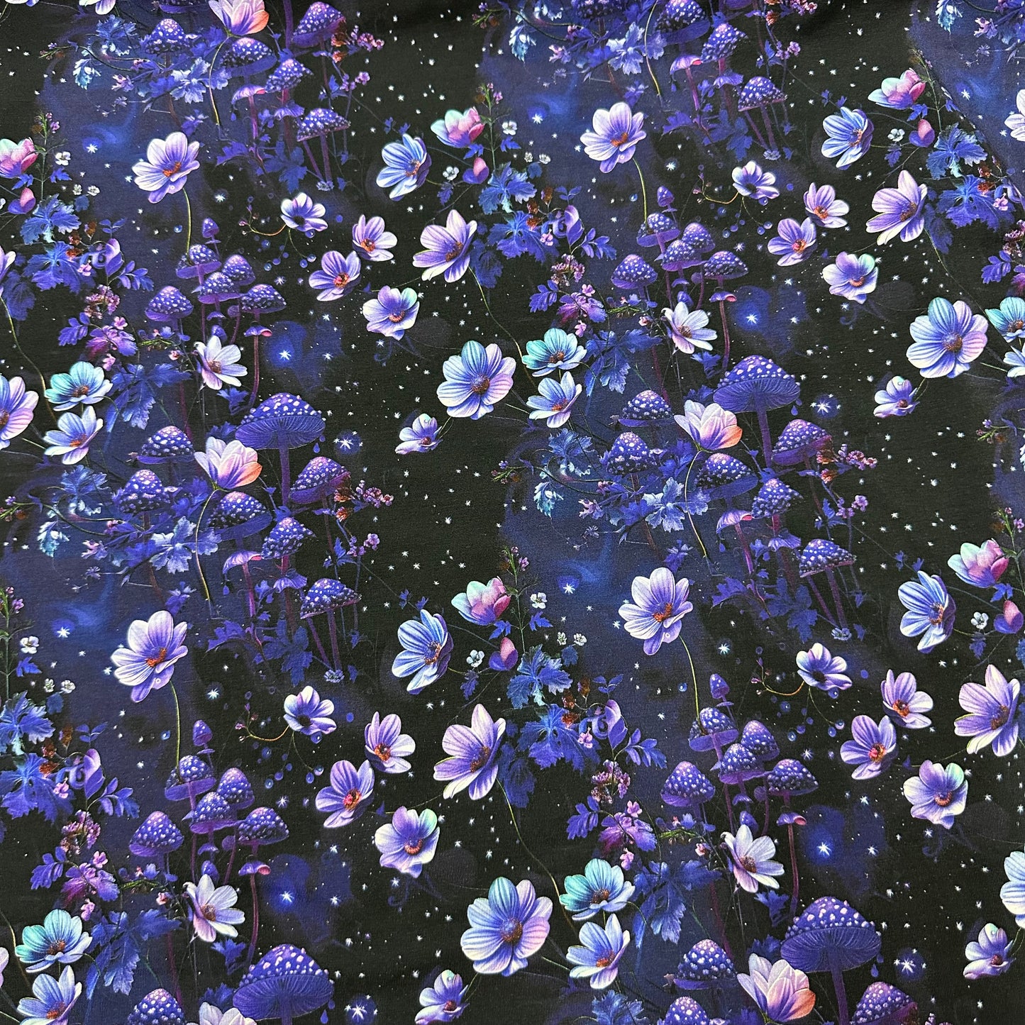 Purple Starry Mushroom Garden on Bamboo/Spandex Jersey Fabric - Nature's Fabrics