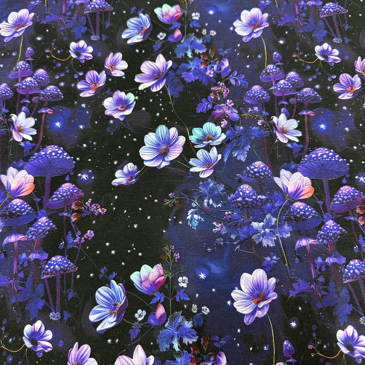 Purple Starry Mushroom Garden on Bamboo/Spandex Jersey Fabric - Nature's Fabrics