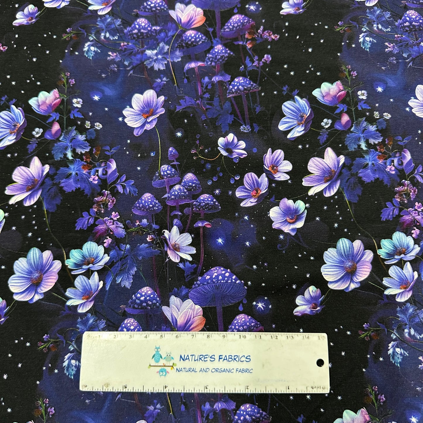 Purple Starry Mushroom Garden on Bamboo/Spandex Jersey Fabric - Nature's Fabrics