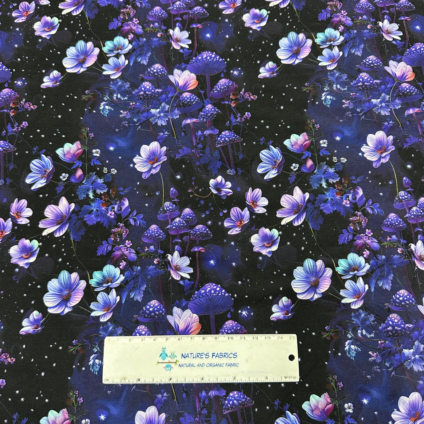 Purple Starry Mushroom Garden on Bamboo/Spandex Jersey Fabric - Nature's Fabrics