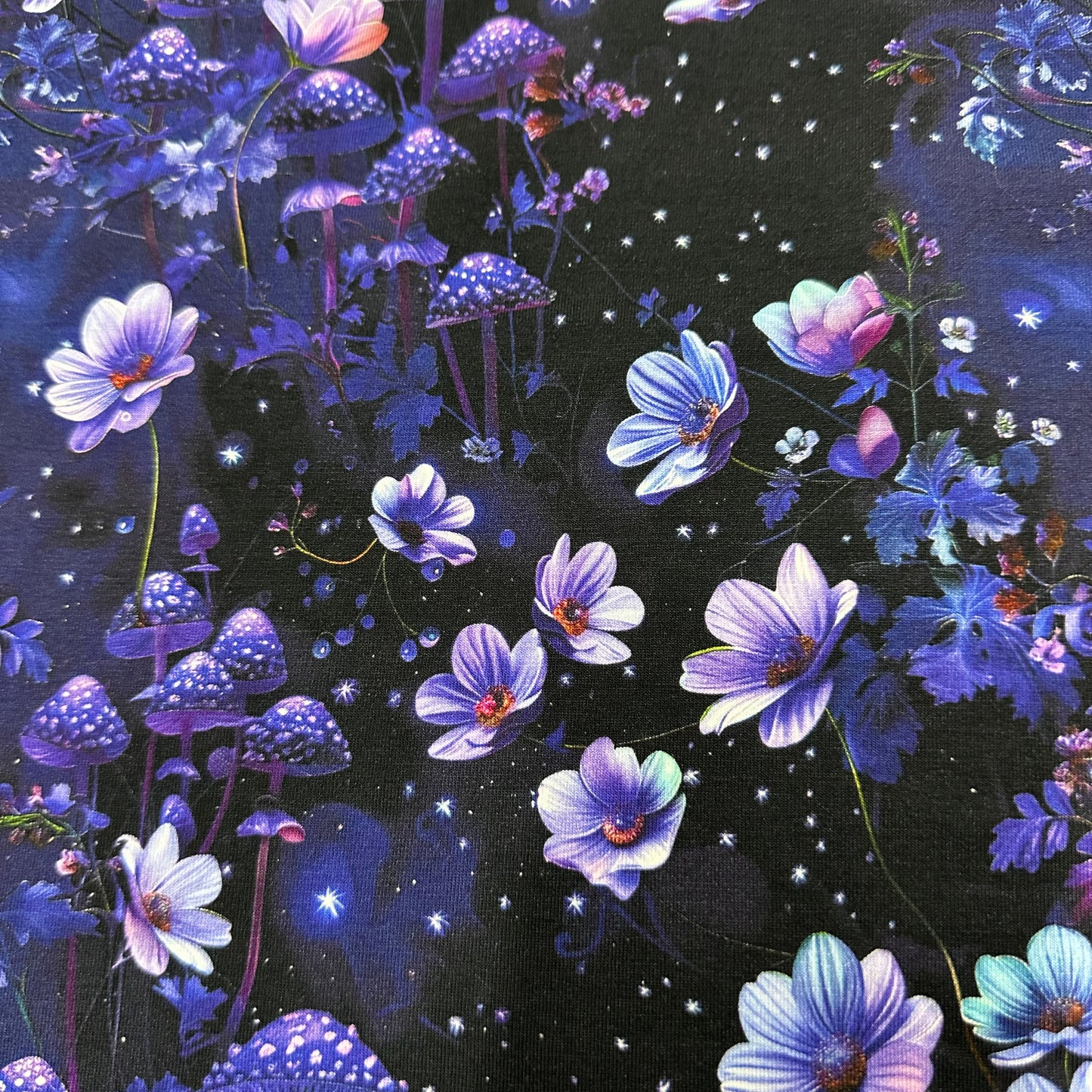 Purple Starry Mushroom Garden on Bamboo/Spandex Jersey Fabric - Nature's Fabrics