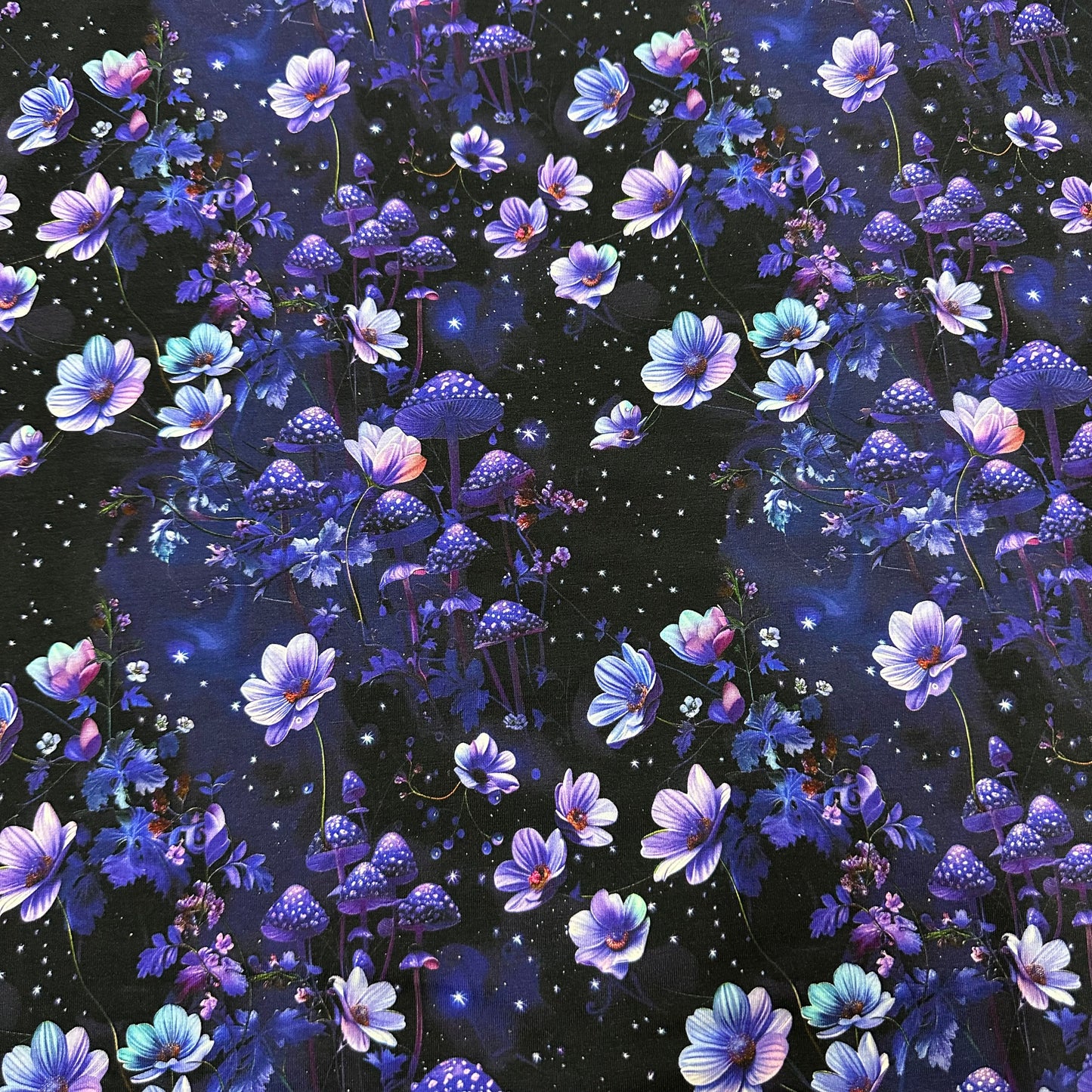 Purple Starry Mushroom Garden on Bamboo/Spandex Jersey Fabric - Nature's Fabrics