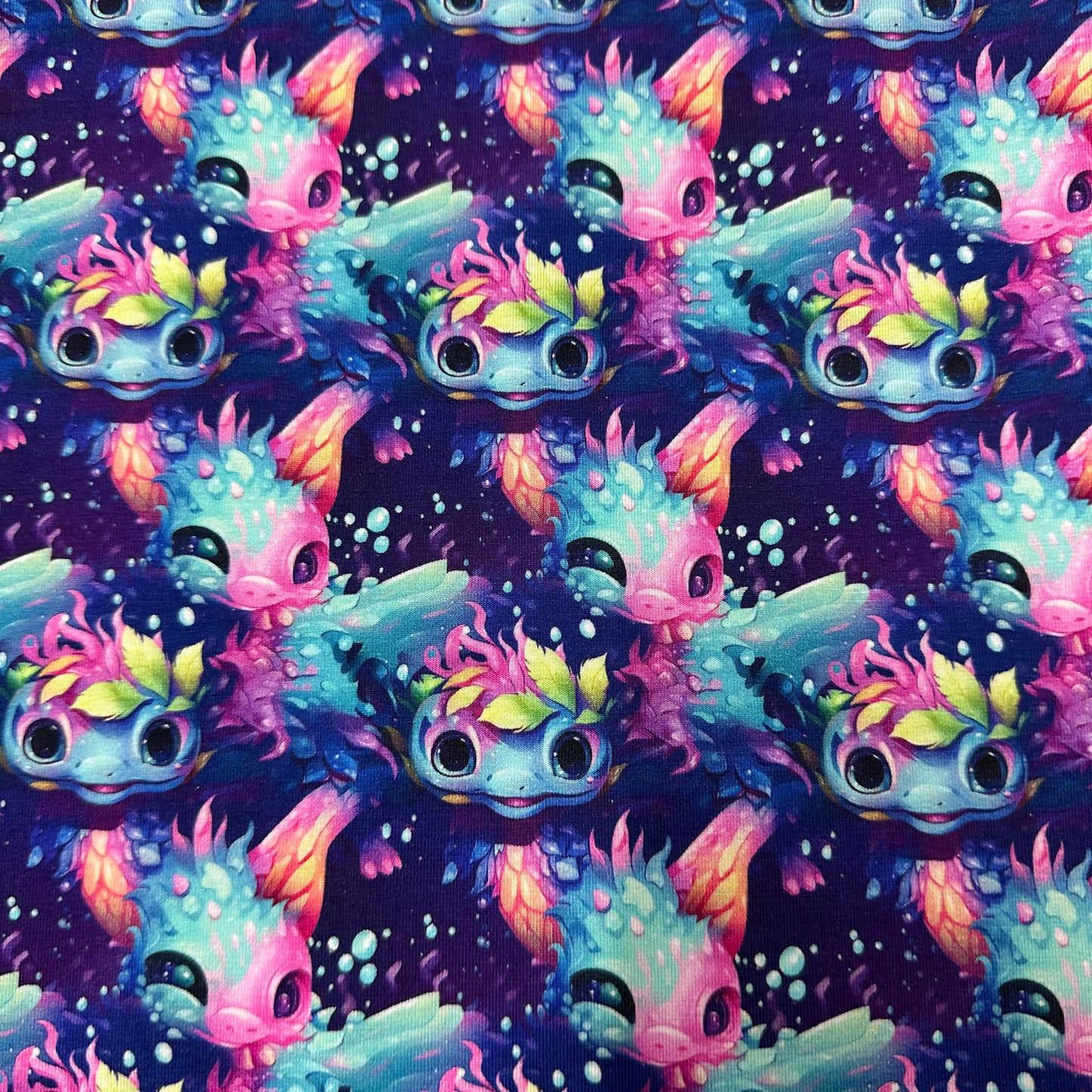Rainbow Axolotls on Bamboo/Spandex Jersey Fabric - Nature's Fabrics