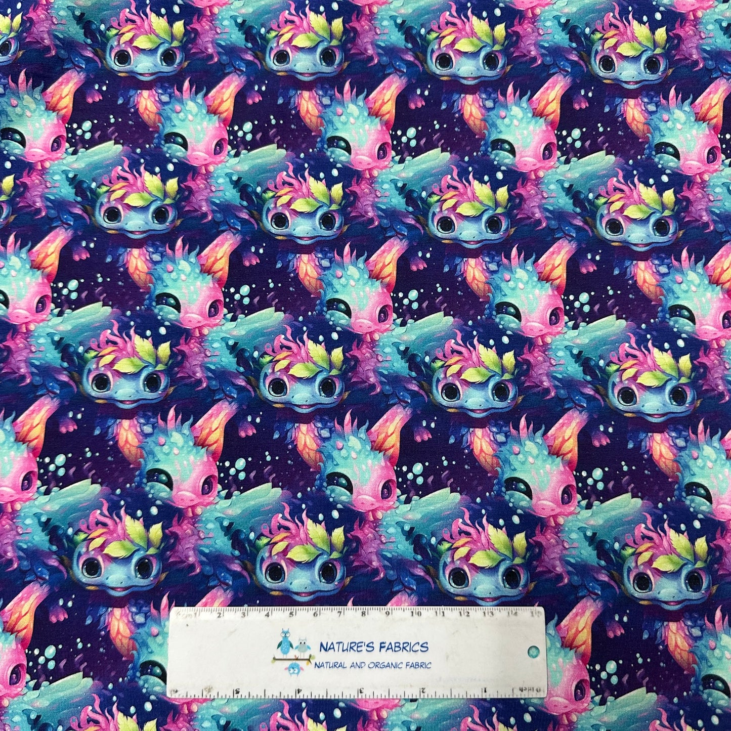 Rainbow Axolotls on Bamboo/Spandex Jersey Fabric - Nature's Fabrics