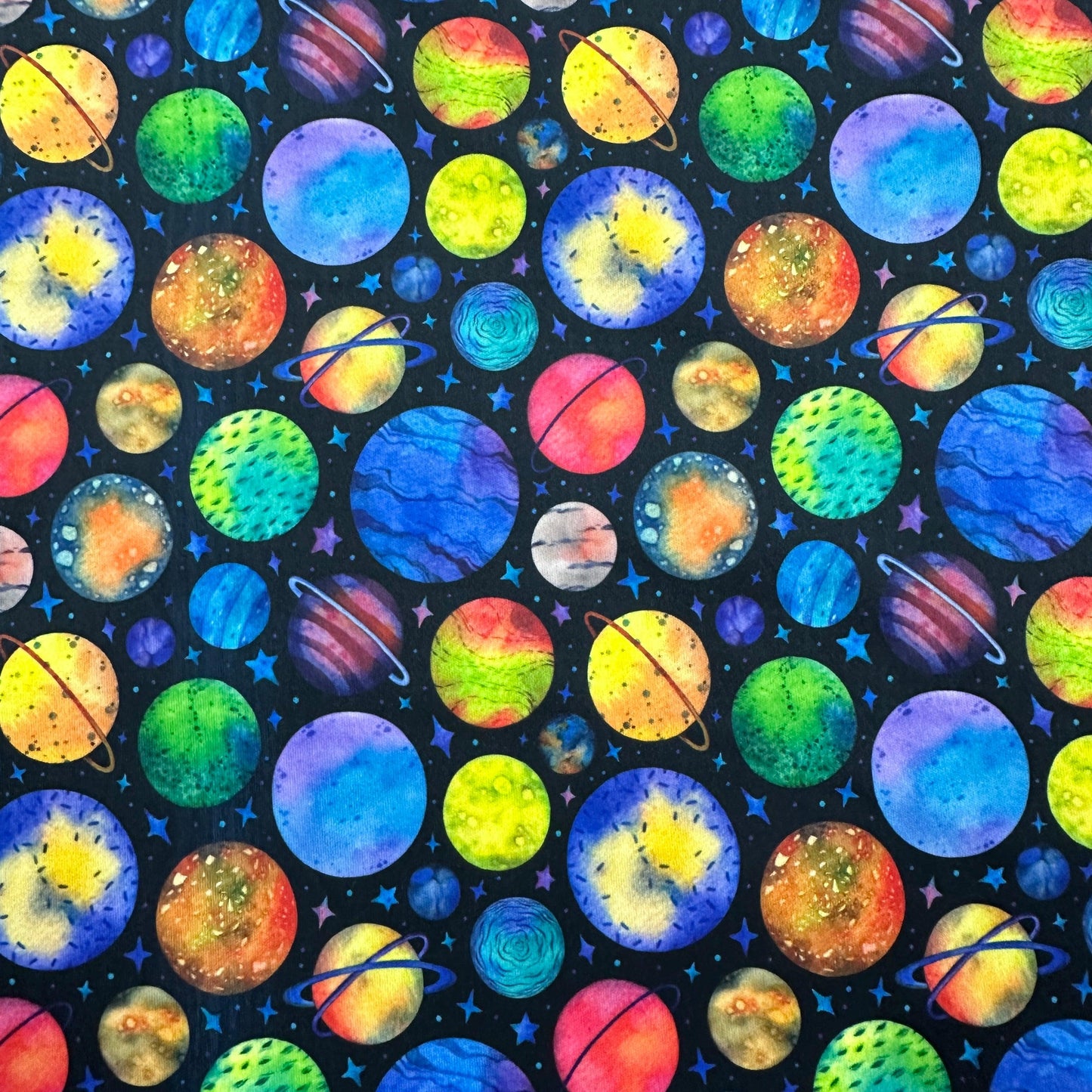 Rainbow Planets on Black 1 mil PUL Fabric - Made in the USA - Nature's Fabrics