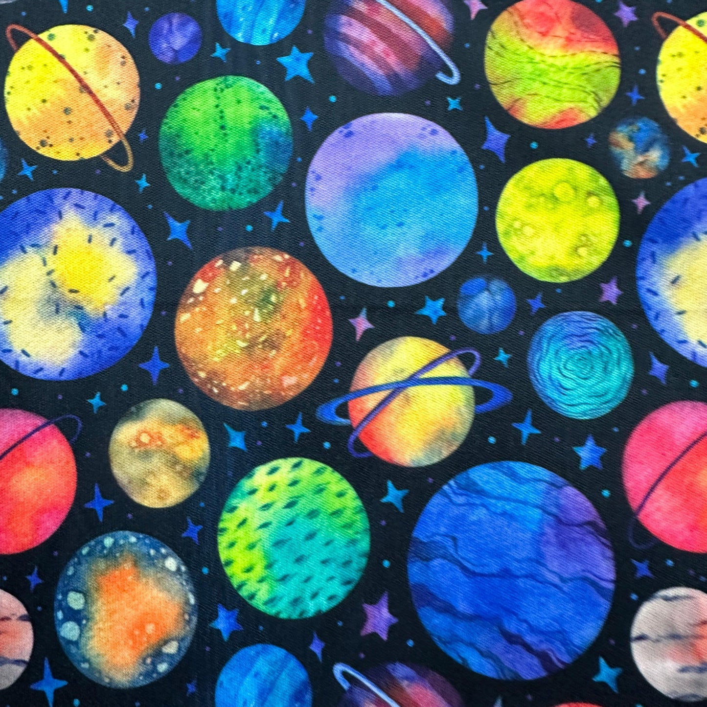 Rainbow Planets on Black 1 mil PUL Fabric - Made in the USA - Nature's Fabrics