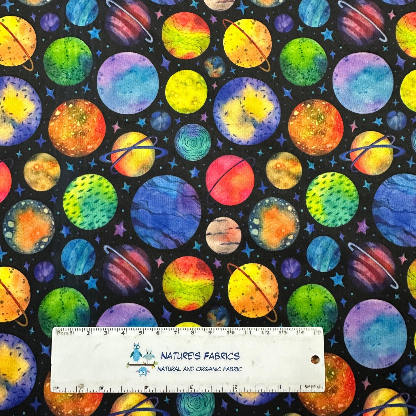 Rainbow Planets on Black 1 mil PUL Fabric - Made in the USA - Nature's Fabrics