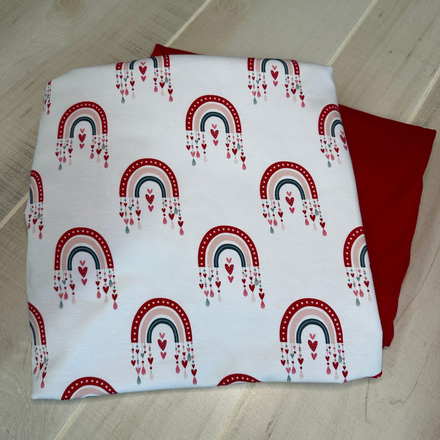 Rainbows and Hearts on Bamboo/Spandex Jersey Fabric - Nature's Fabrics