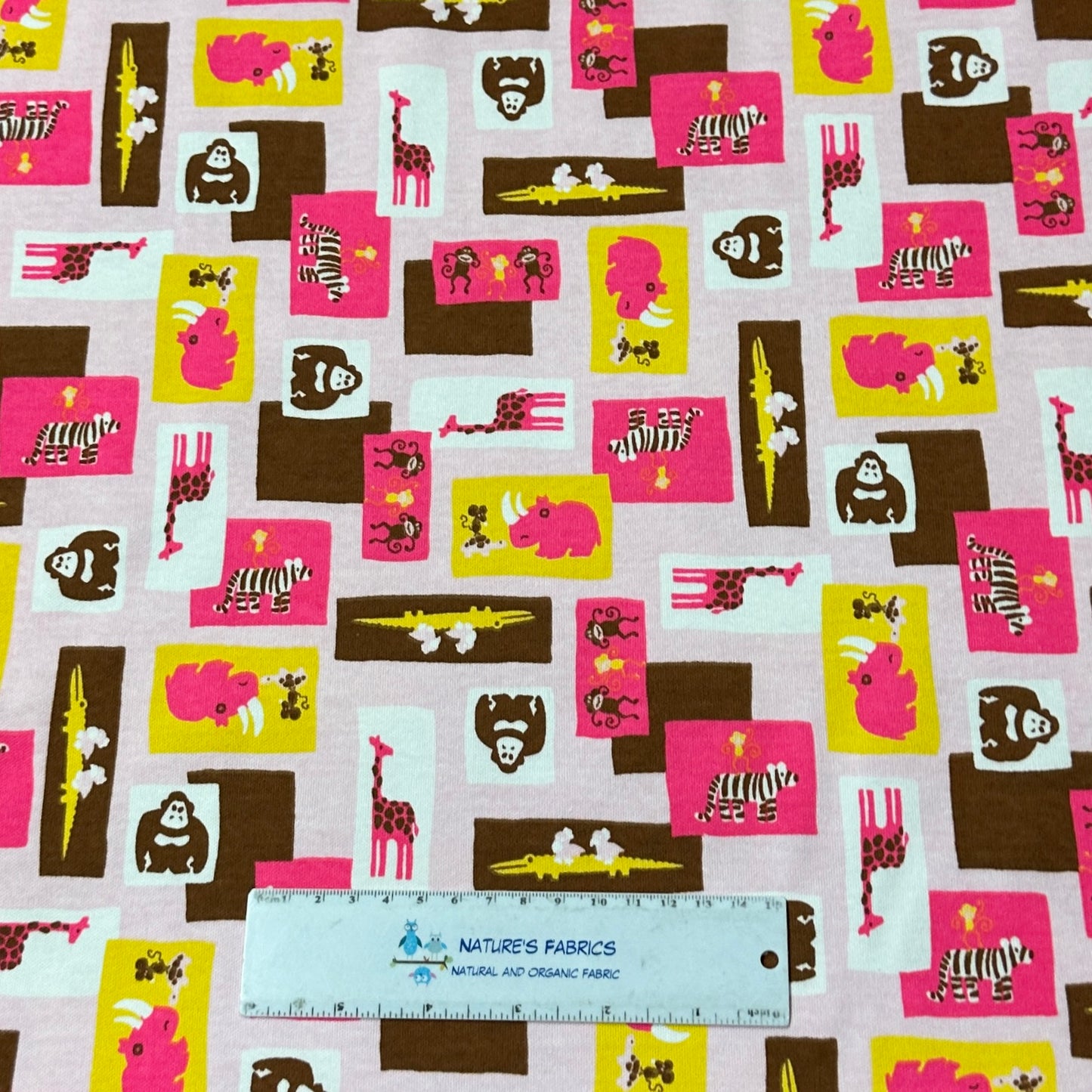 Raspberry Chocolate Zoo on Cotton Interlock Fabric - Nature's Fabrics