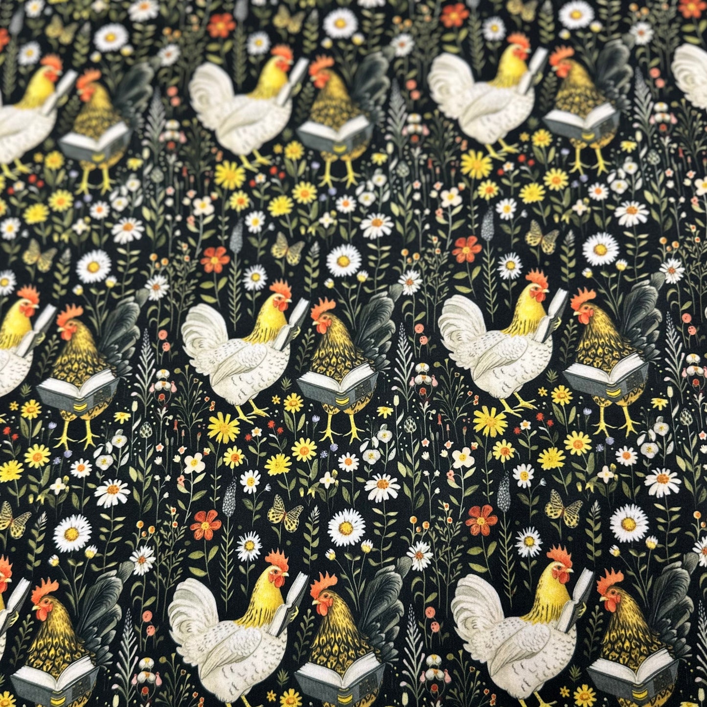 Reading Chickens on Black Floral 1 mil PUL Fabric - Made in the USA - Nature's Fabrics