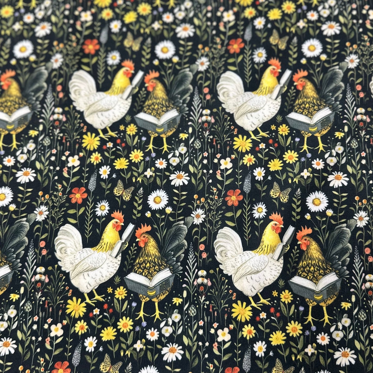 Reading Chickens on Black Floral 1 mil PUL Fabric - Made in the USA - Nature's Fabrics