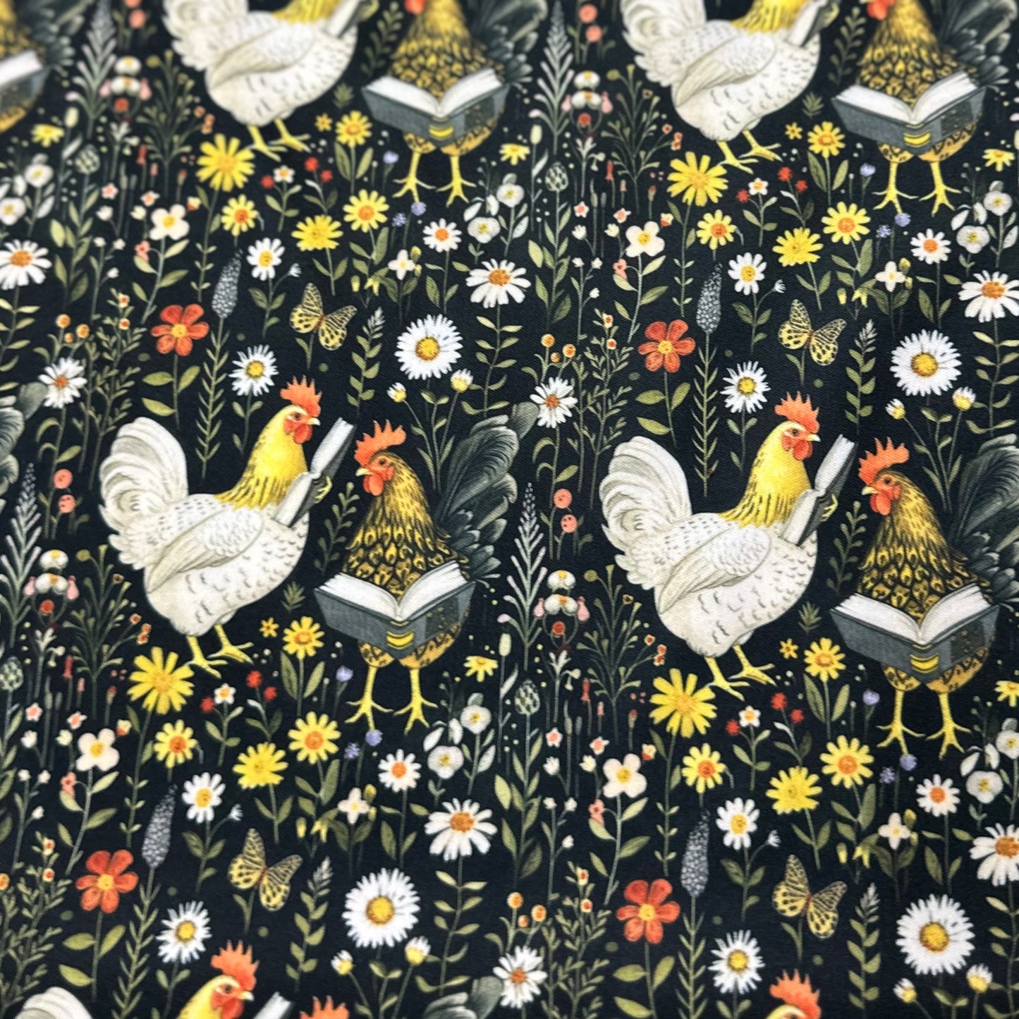 Reading Chickens on Black Floral 1 mil PUL Fabric - Made in the USA - Nature's Fabrics