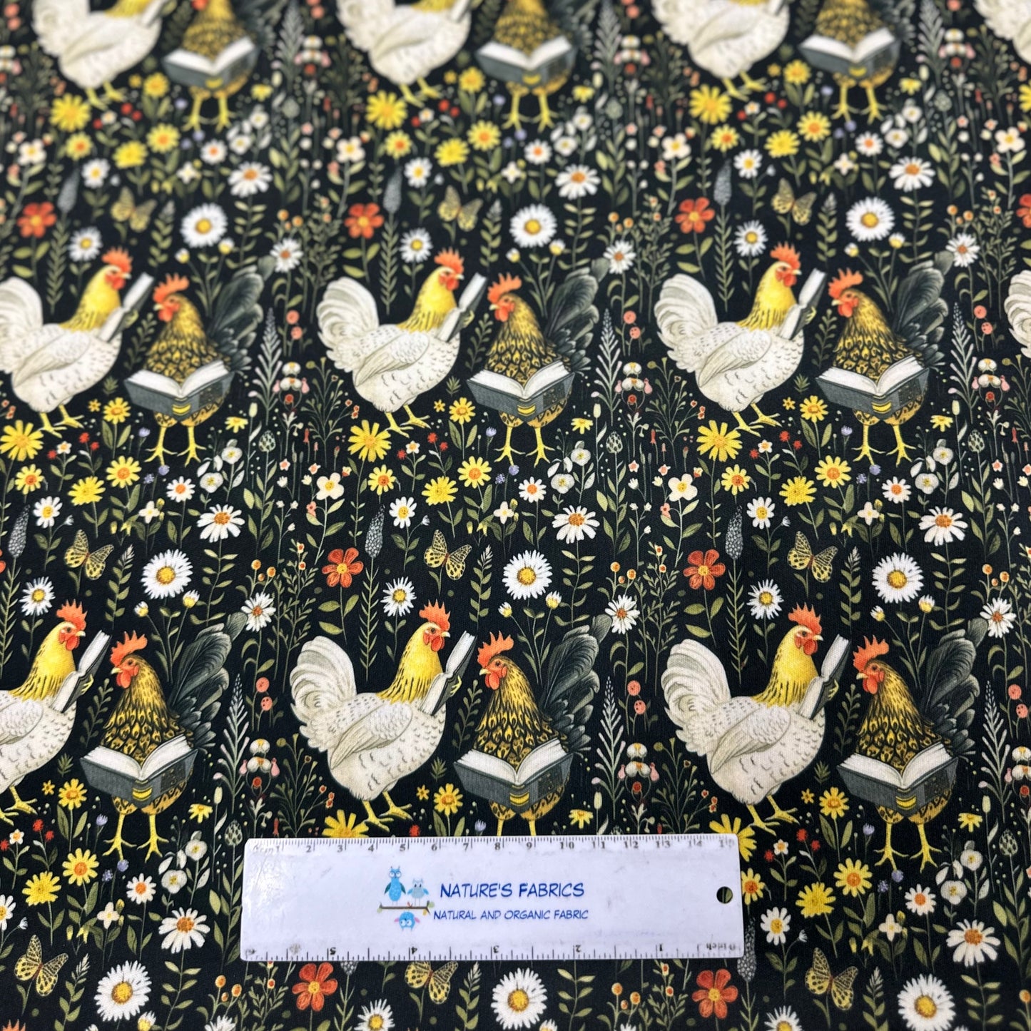 Reading Chickens on Black Floral 1 mil PUL Fabric - Made in the USA - Nature's Fabrics