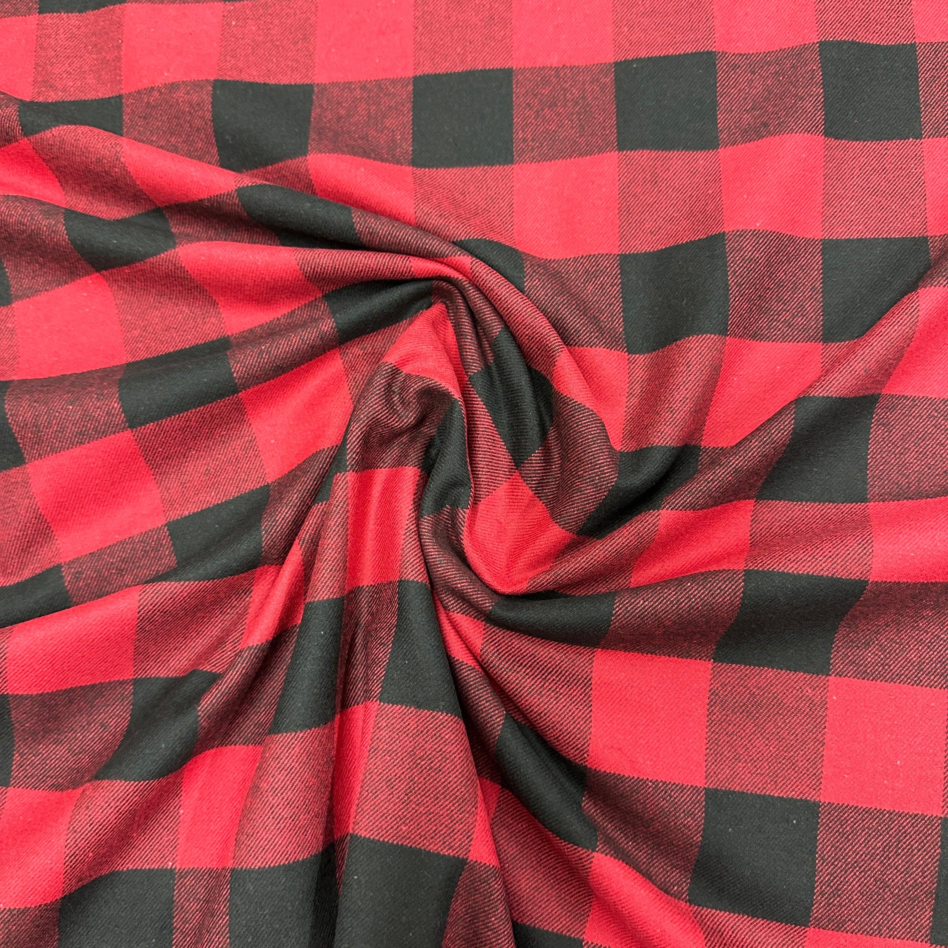 Red, Gray and Black Plaid Cotton Flannel Fabric