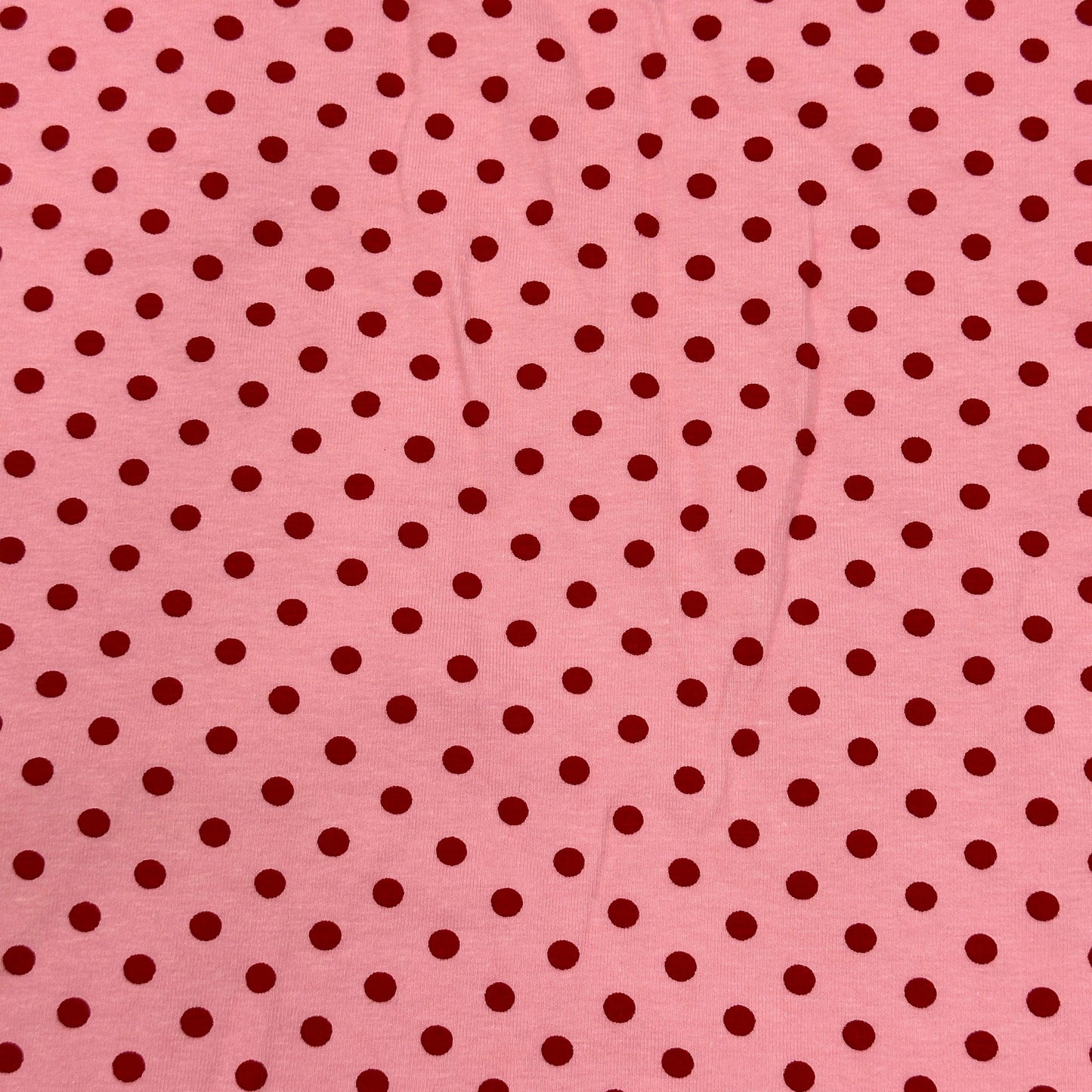 Red Dots on Pink Cotton/Spandex Jersey Fabric - Nature's Fabrics