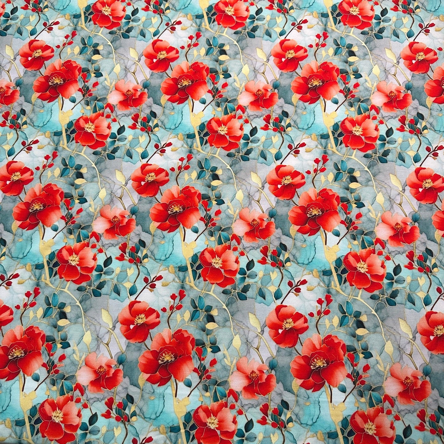Red Poppies on Mint Bamboo/Spandex Jersey Fabric - Nature's Fabrics